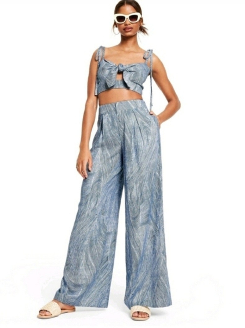 Fe Noel xTarget Fine Line Print Wide-Leg Pants & Knotted Crop Top Set NWT Medium